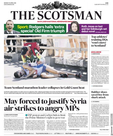 The Scotsman Newspaper Front Page for 16 April 2018