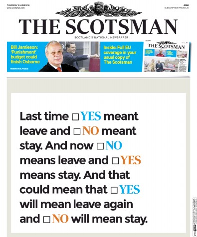 The Scotsman Newspaper Front Page for 16 June 2016