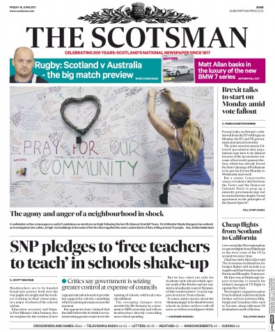 The Scotsman Newspaper Front Page for 16 June 2017
