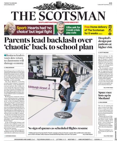 The Scotsman (UK) Newspaper Front Page for 16 June 2020