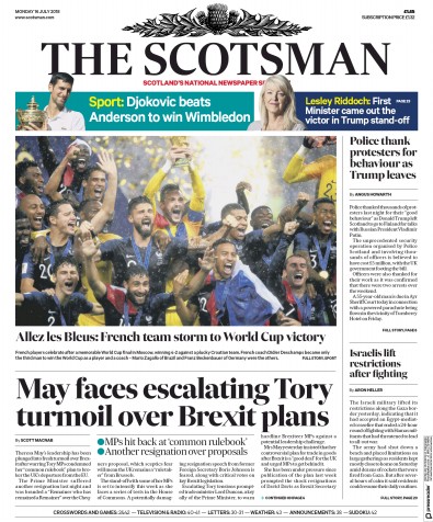 The Scotsman Newspaper Front Page for 16 July 2018