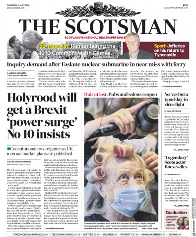 The Scotsman Newspaper Front Page for 16 July 2020
