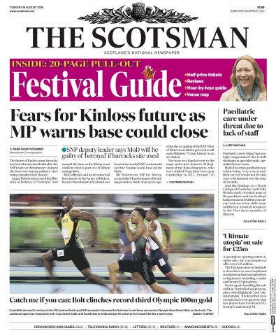 The Scotsman Newspaper Front Page for 16 August 2016