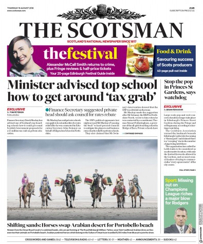 The Scotsman Newspaper Front Page for 16 August 2018