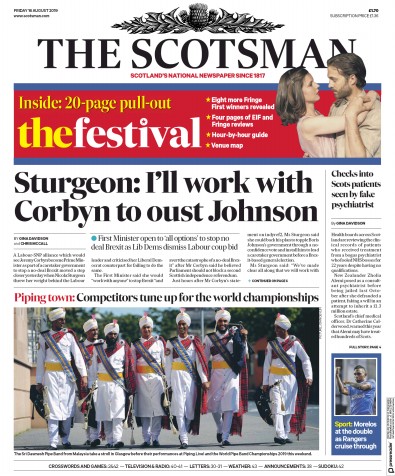 The Scotsman Newspaper Front Page for 16 August 2019