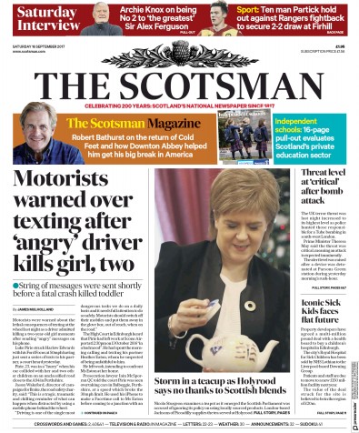 The Scotsman Newspaper Front Page for 16 September 2017