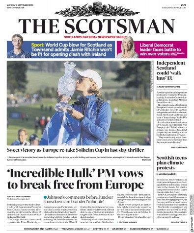 The Scotsman Newspaper Front Page for 16 September 2019