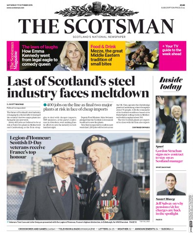 The Scotsman Newspaper Front Page for 17 October 2015