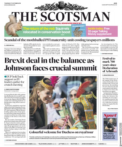 The Scotsman Newspaper Front Page for 17 October 2019