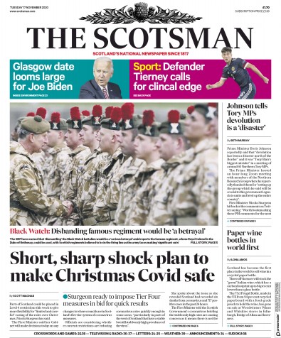 The Scotsman (UK) Newspaper Front Page for 17 November 2020