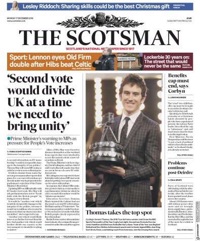 The Scotsman Newspaper Front Page for 17 December 2018