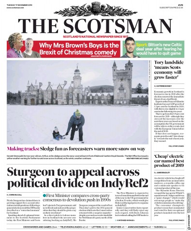 The Scotsman (UK) Newspaper Front Page for 17 December 2019