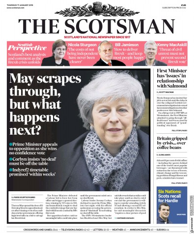 The Scotsman Newspaper Front Page for 17 January 2019