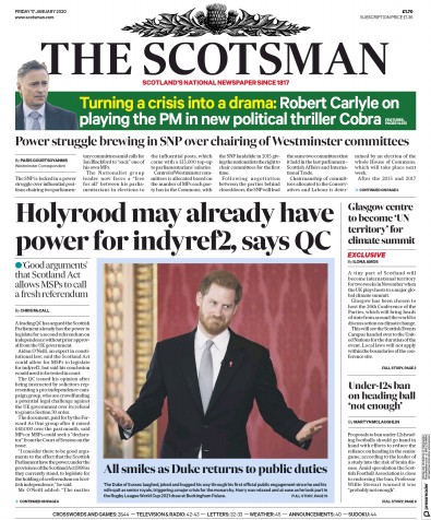 The Scotsman Newspaper Front Page for 17 January 2020