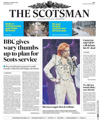 The Scotsman Newspaper Front Page for 17 February 2016