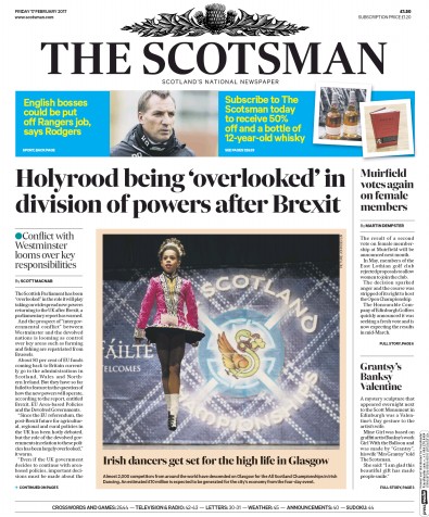 The Scotsman Newspaper Front Page for 17 February 2017