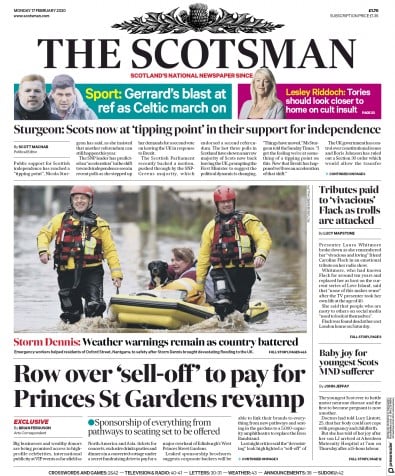 The Scotsman Newspaper Front Page for 17 February 2020