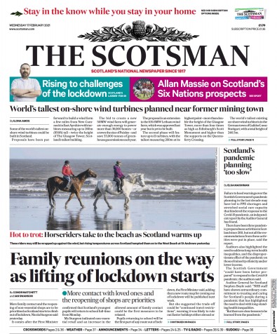 The Scotsman Newspaper Front Page for 17 February 2021