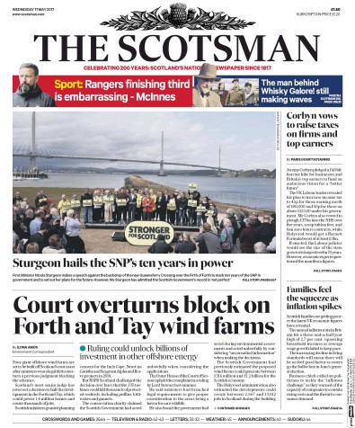 The Scotsman Newspaper Front Page for 17 May 2017