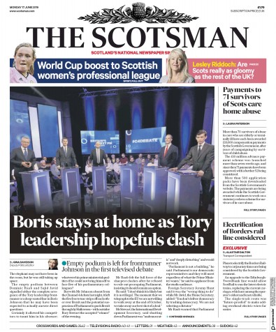 The Scotsman Newspaper Front Page for 17 June 2019
