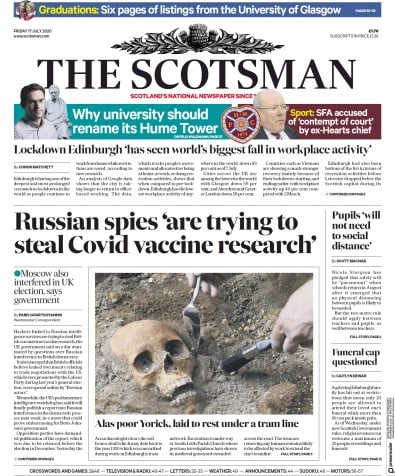 The Scotsman Newspaper Front Page for 17 July 2020