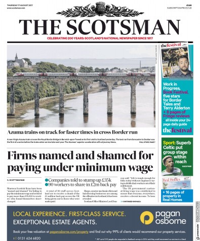 The Scotsman Newspaper Front Page for 17 August 2017