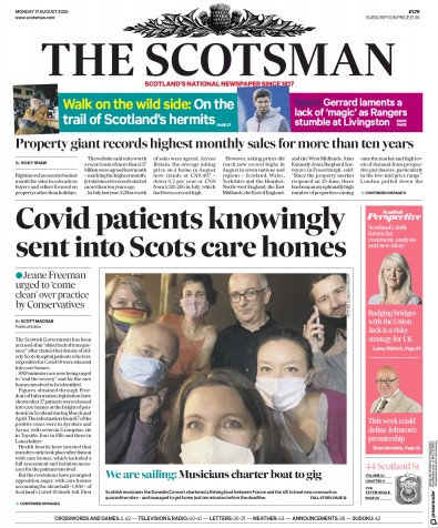 The Scotsman Newspaper Front Page for 17 August 2020