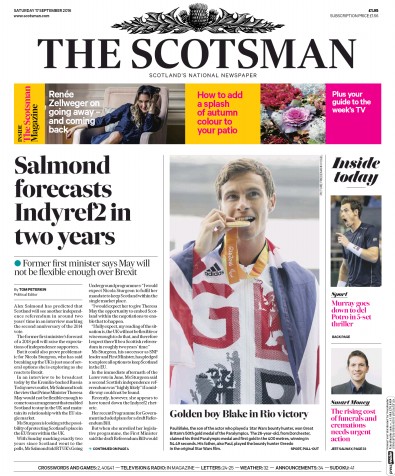 The Scotsman (UK) Newspaper Front Page for 17 September 2016