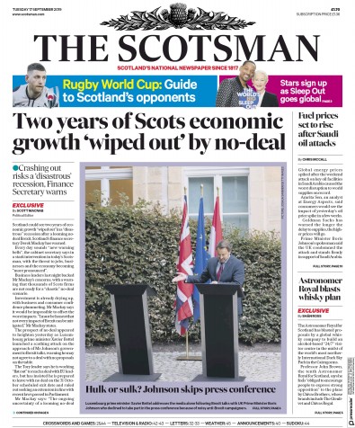 The Scotsman Newspaper Front Page for 17 September 2019