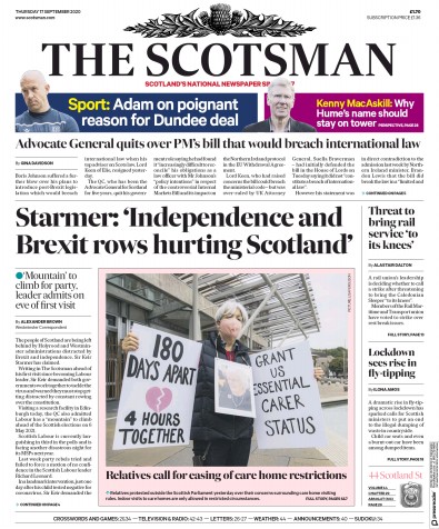 The Scotsman Newspaper Front Page for 17 September 2020
