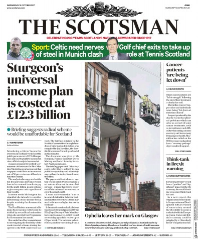 The Scotsman Newspaper Front Page for 18 October 2017