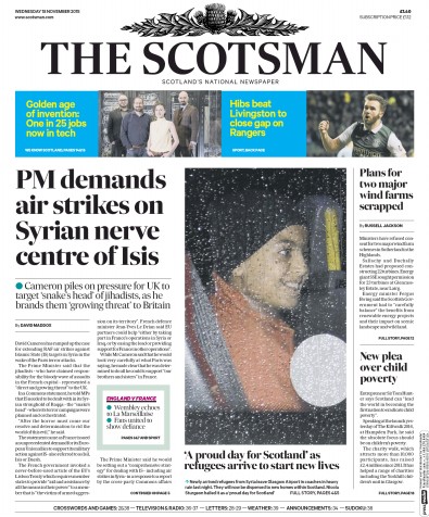 The Scotsman Newspaper Front Page for 18 November 2015
