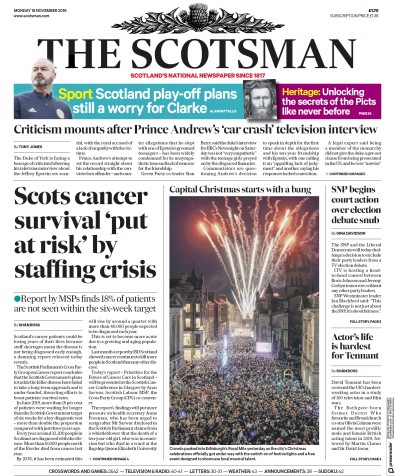 The Scotsman Newspaper Front Page for 18 November 2019