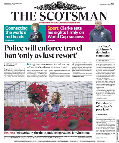 The Scotsman Newspaper Front Page for 18 November 2020