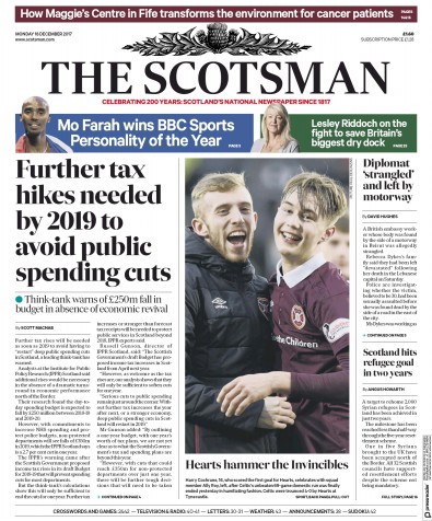 The Scotsman Newspaper Front Page for 18 December 2017