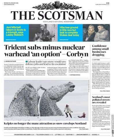 The Scotsman Newspaper Front Page for 18 January 2016