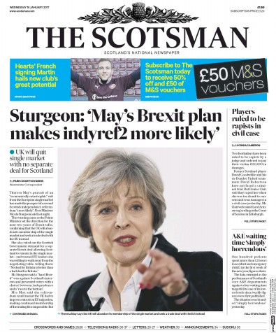 The Scotsman Newspaper Front Page for 18 January 2017