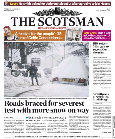 The Scotsman Newspaper Front Page for 18 January 2018