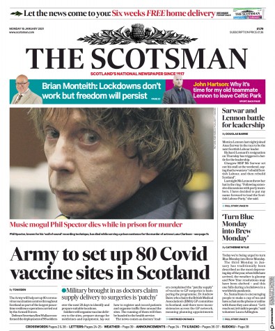 The Scotsman (UK) Newspaper Front Page for 18 January 2021