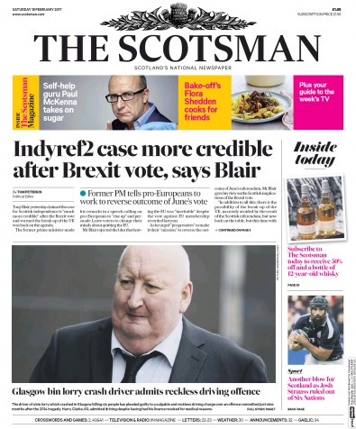 The Scotsman Newspaper Front Page for 18 February 2017