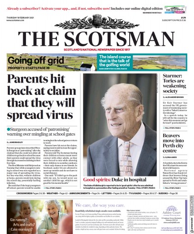 The Scotsman Newspaper Front Page for 18 February 2021