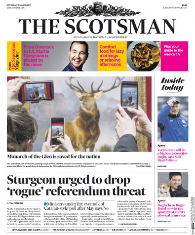 The Scotsman Newspaper Front Page for 18 March 2017