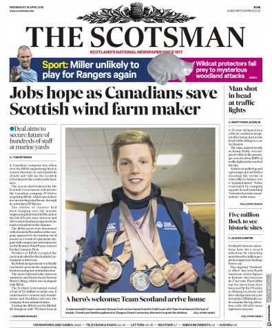 The Scotsman Newspaper Front Page for 18 April 2018