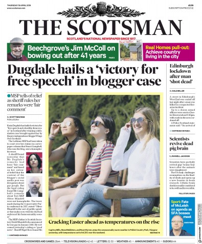 The Scotsman Newspaper Front Page for 18 April 2019