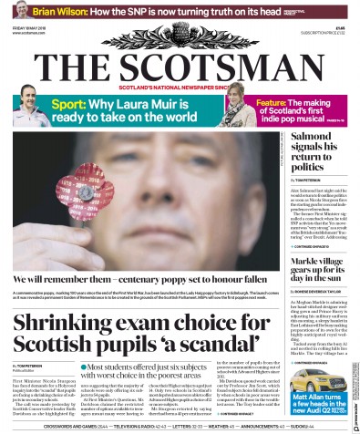 The Scotsman Newspaper Front Page for 18 May 2018