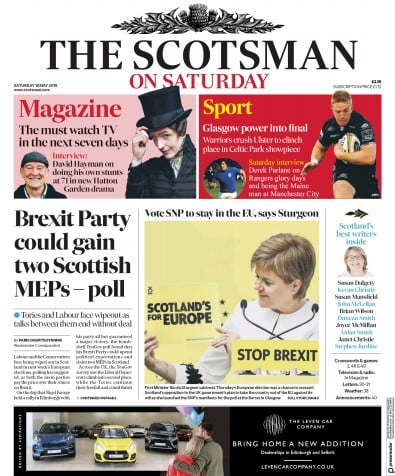 The Scotsman Newspaper Front Page for 18 May 2019