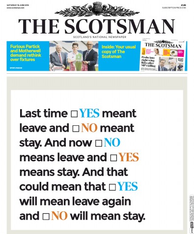 The Scotsman Newspaper Front Page for 18 June 2016