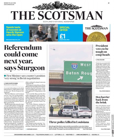 The Scotsman Newspaper Front Page for 18 July 2016