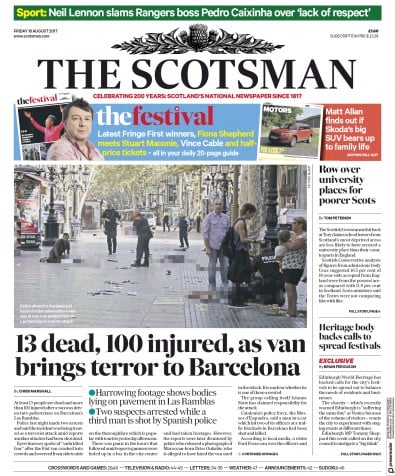 The Scotsman Newspaper Front Page for 18 August 2017