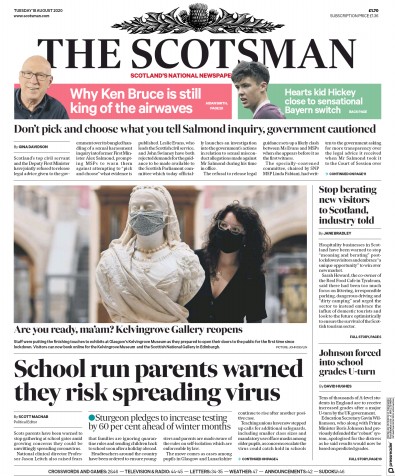 The Scotsman Newspaper Front Page for 18 August 2020
